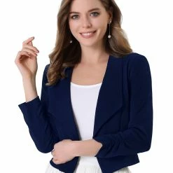 Allegra K Women's Notched Lapel Ruched Sleeve Jackets Business Crop Blazer
