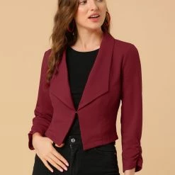Allegra K Women's Notched Lapel Ruched Sleeve Jackets Business Crop Blazer