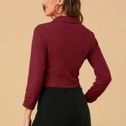 Allegra K Women's Notched Lapel Ruched Sleeve Jackets Business Crop Blazer