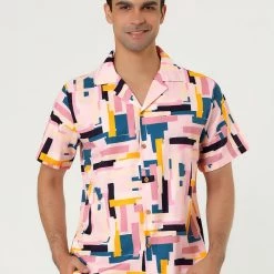 Allegra K Tops Men's Irregular Geometric Color Block Short Sleeve Button Down Shirts