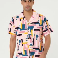 Allegra K Tops Men's Irregular Geometric Color Block Short Sleeve Button Down Shirts