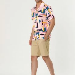 Allegra K Tops Men's Irregular Geometric Color Block Short Sleeve Button Down Shirts