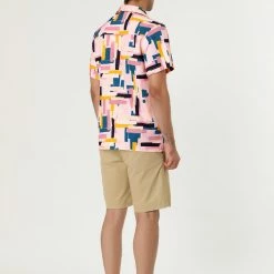 Allegra K Tops Men's Irregular Geometric Color Block Short Sleeve Button Down Shirts