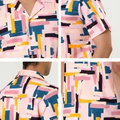 Allegra K Tops Men's Irregular Geometric Color Block Short Sleeve Button Down Shirts