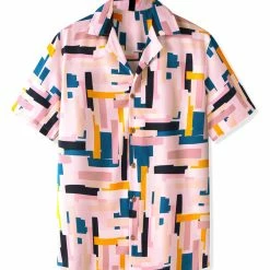 Allegra K Tops Men's Irregular Geometric Color Block Short Sleeve Button Down Shirts