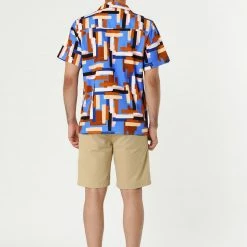 Allegra K Tops Men's Irregular Geometric Color Block Short Sleeve Button Down Shirts