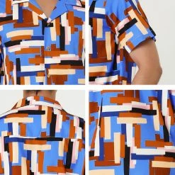 Allegra K Tops Men's Irregular Geometric Color Block Short Sleeve Button Down Shirts
