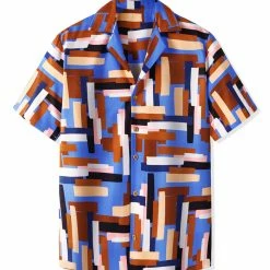 Allegra K Tops Men's Irregular Geometric Color Block Short Sleeve Button Down Shirts