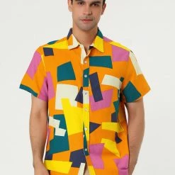 Allegra K Tops Men's Irregular Geometric Color Block Short Sleeve Button Down Shirts