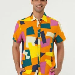 Allegra K Tops Men's Irregular Geometric Color Block Short Sleeve Button Down Shirts