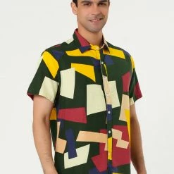 Allegra K Tops Men's Irregular Geometric Color Block Short Sleeve Button Down Shirts