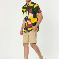 Allegra K Tops Men's Irregular Geometric Color Block Short Sleeve Button Down Shirts