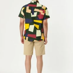 Allegra K Tops Men's Irregular Geometric Color Block Short Sleeve Button Down Shirts