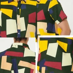 Allegra K Tops Men's Irregular Geometric Color Block Short Sleeve Button Down Shirts