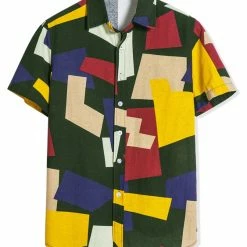 Allegra K Tops Men's Irregular Geometric Color Block Short Sleeve Button Down Shirts