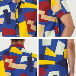 Allegra K Tops Men's Irregular Geometric Color Block Short Sleeve Button Down Shirts