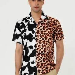 Allegra K Men's Printed Patchwork Short Sleeve Button Down Casual Summer Striped Shirt