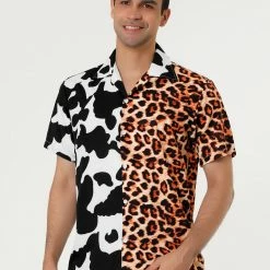 Allegra K Men's Printed Patchwork Short Sleeve Button Down Casual Summer Striped Shirt