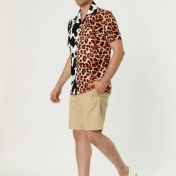 Allegra K Men's Printed Patchwork Short Sleeve Button Down Casual Summer Striped Shirt