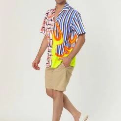 Allegra K Men's Printed Patchwork Short Sleeve Button Down Casual Summer Striped Shirt