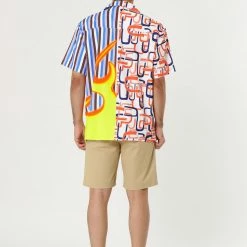 Allegra K Men's Printed Patchwork Short Sleeve Button Down Casual Summer Striped Shirt