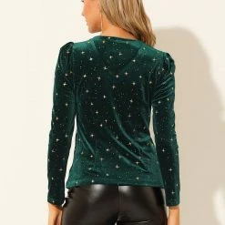 Allegra K Women's Velvet V-Neck Long Sleeve Gilding Metallic Shiny Star Blouse Top