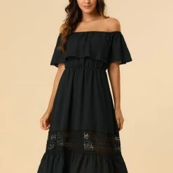 Allegra K Women's Off Shoulder Ruffle Lace Splicing Flutter Sleeve Maxi Dress
