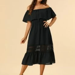 Allegra K Women's Off Shoulder Ruffle Lace Splicing Flutter Sleeve Maxi Dress