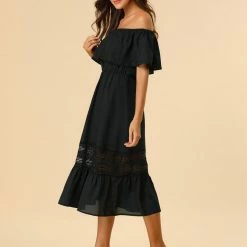 Allegra K Women's Off Shoulder Ruffle Lace Splicing Flutter Sleeve Maxi Dress