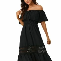 Allegra K Women's Off Shoulder Ruffle Lace Splicing Flutter Sleeve Maxi Dress