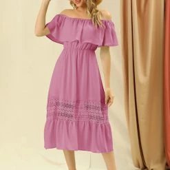 Allegra K Women's Off Shoulder Ruffle Lace Splicing Flutter Sleeve Maxi Dress