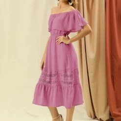 Allegra K Women's Off Shoulder Ruffle Lace Splicing Flutter Sleeve Maxi Dress