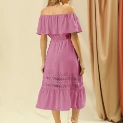 Allegra K Women's Off Shoulder Ruffle Lace Splicing Flutter Sleeve Maxi Dress