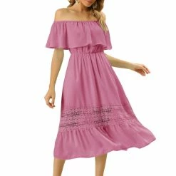 Allegra K Women's Off Shoulder Ruffle Lace Splicing Flutter Sleeve Maxi Dress