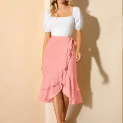 Allegra K Women's Ruffle Chiffon Tie Waist High Low Asymmetrical Summer Midi Skirt