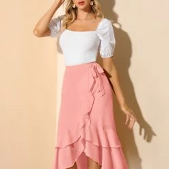 Allegra K Women's Ruffle Chiffon Tie Waist High Low Asymmetrical Summer Midi Skirt