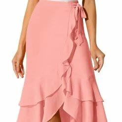 Allegra K Women's Ruffle Chiffon Tie Waist High Low Asymmetrical Summer Midi Skirt