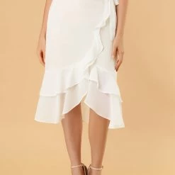 Allegra K Women's Ruffle Chiffon Tie Waist High Low Asymmetrical Summer Midi Skirt