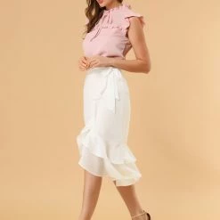 Allegra K Women's Ruffle Chiffon Tie Waist High Low Asymmetrical Summer Midi Skirt