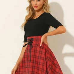 Allegra K Women's Round Neck Stitching Dress Half Sleeves Tie Decor A-Line Plaid Dress