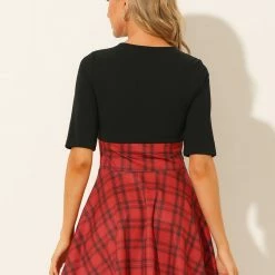 Allegra K Women's Round Neck Stitching Dress Half Sleeves Tie Decor A-Line Plaid Dress