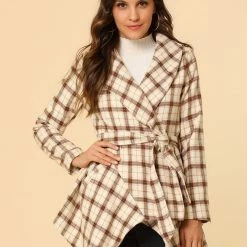 Allegra K Wide Lapel Plaid Fall Wrap Coat Women 77 Allegra K Wide Lapel Plaid Fall Wrap Coat Women