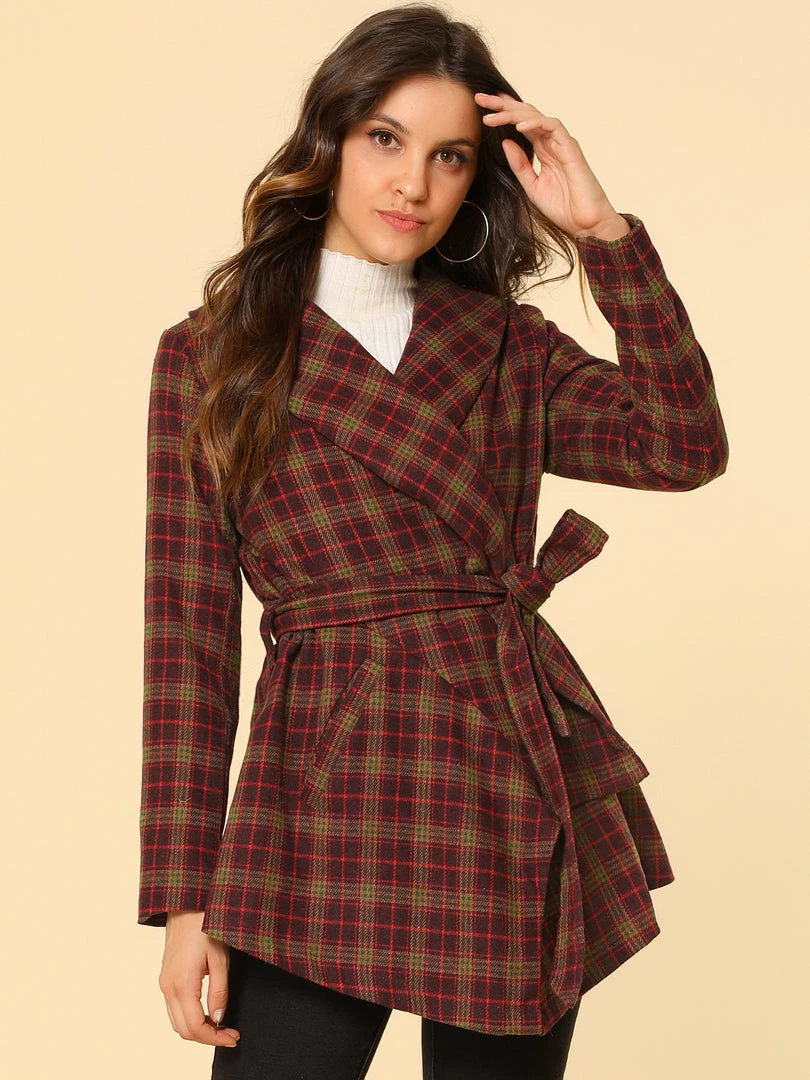 Allegra K Wide Lapel Plaid Fall Wrap Coat Women 41 Allegra K Wide Lapel Plaid Fall Wrap Coat Women