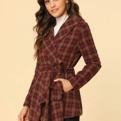 Allegra K Wide Lapel Plaid Fall Wrap Coat Women 84 Allegra K Wide Lapel Plaid Fall Wrap Coat Women