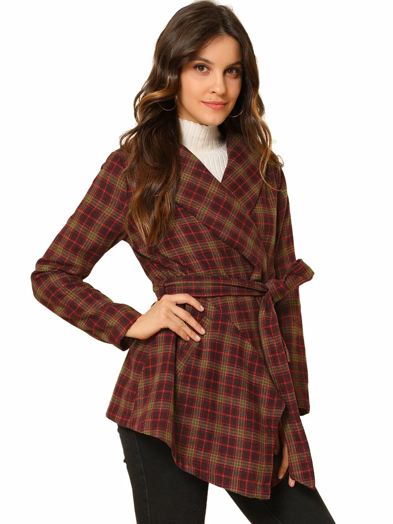 Allegra K Wide Lapel Plaid Fall Wrap Coat Women 40 Allegra K Wide Lapel Plaid Fall Wrap Coat Women