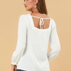 Allegra K Women's Square Neck Button Front Tie Back Puff Sleeve Vintage Blouse 29 Allegra K Women's Square Neck Button Front Tie Back Puff Sleeve Vintage Blouse