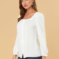 Allegra K Women's Square Neck Button Front Tie Back Puff Sleeve Vintage Blouse 32 Allegra K Women's Square Neck Button Front Tie Back Puff Sleeve Vintage Blouse