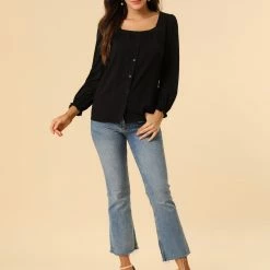 Allegra K Women's Square Neck Button Front Tie Back Puff Sleeve Vintage Blouse 36 Allegra K Women's Square Neck Button Front Tie Back Puff Sleeve Vintage Blouse