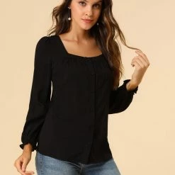 Allegra K Women's Square Neck Button Front Tie Back Puff Sleeve Vintage Blouse 37 Allegra K Women's Square Neck Button Front Tie Back Puff Sleeve Vintage Blouse