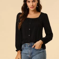 Allegra K Women's Square Neck Button Front Tie Back Puff Sleeve Vintage Blouse 38 Allegra K Women's Square Neck Button Front Tie Back Puff Sleeve Vintage Blouse